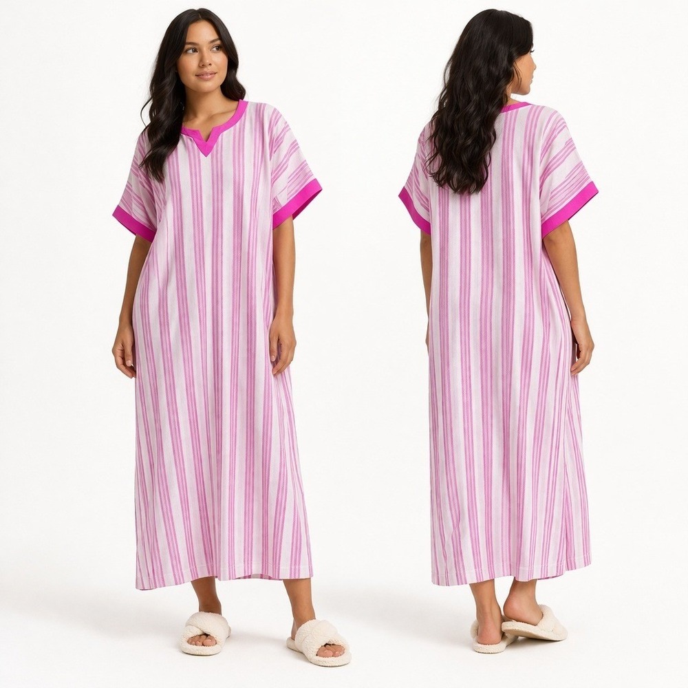 Stan Herman Loungedress Women's  P3X Pink White Striped Cotton V-Neck Nightgown